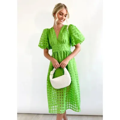 V-NECK LANTERN SLEEVE DRESS